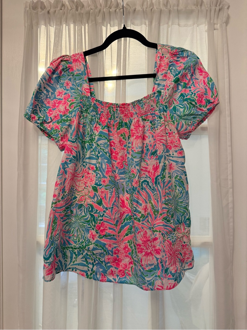 Lilly Pulitzer Pink Blue Green Floral Puff-Sleeve Square Neck Top